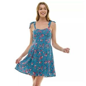 Lily Rose Juniors Skater Dress Blue Floral Size L Adjustable Strap Lined Smocked